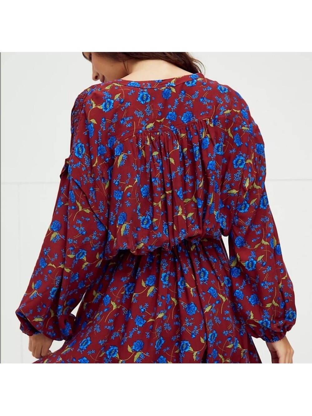 Free People Glower Fields Mini Dress Burgandy/Bold Blue Flowers Size Medium EUC - Picture 3 of 10